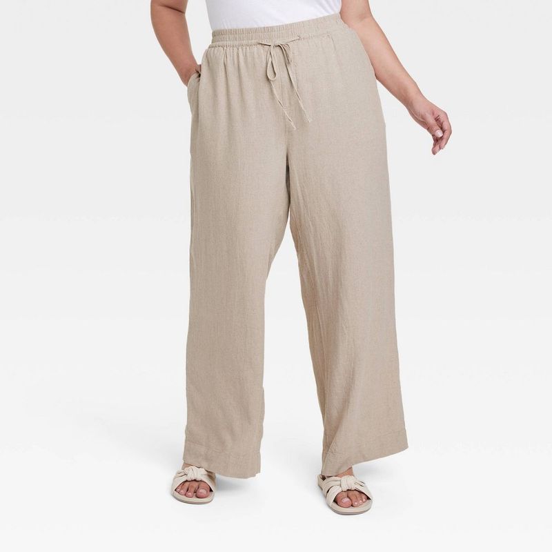 Women's High-Rise Wide Leg Linen Pull-On Pants - A New Day Beige Xxl